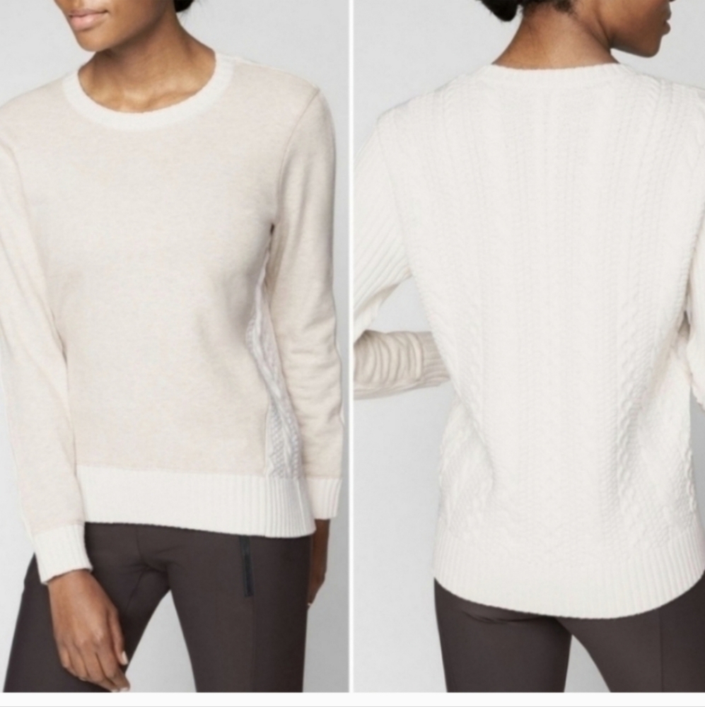 Athleta Madera Sweatshirt Sweater MT M TALL Rear Cable Knit Pullover Sweater